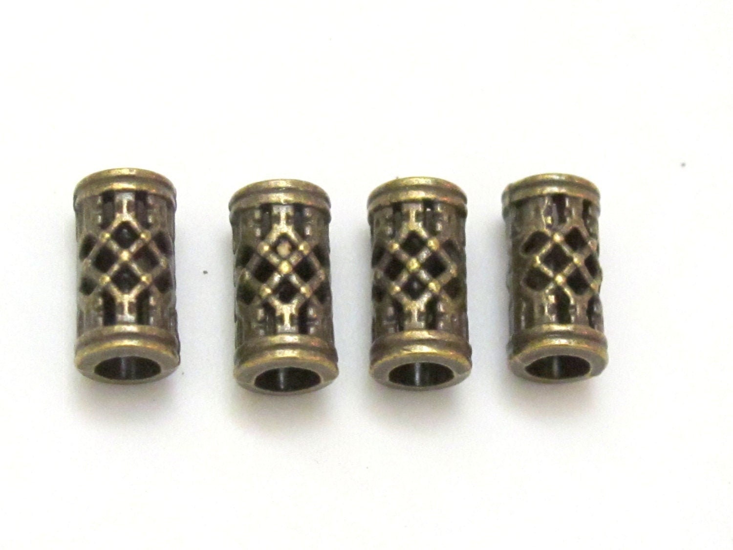 Brass tone metal tube weave design beads - 4 bead set - BD183B