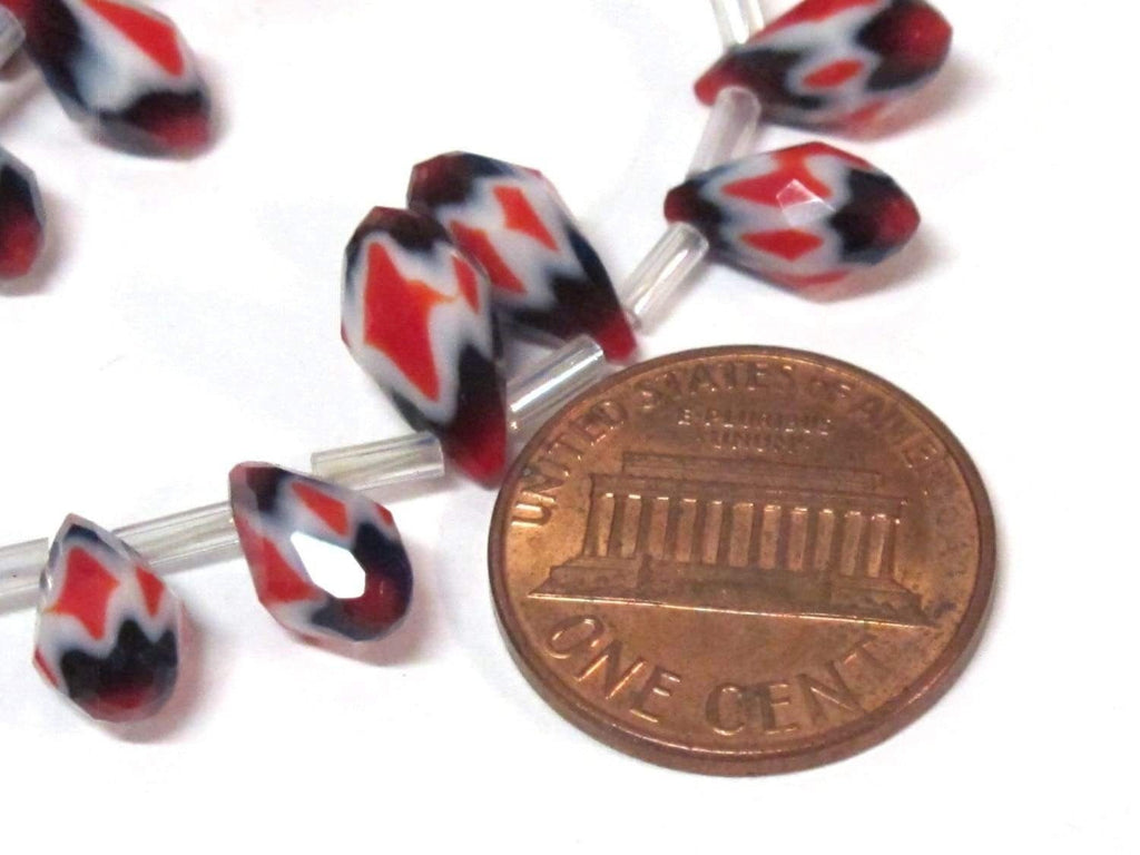 1 strand - 14 inches long - Faceted teardrop shape orange white color chevron design shiny crystal glass beads - AB060