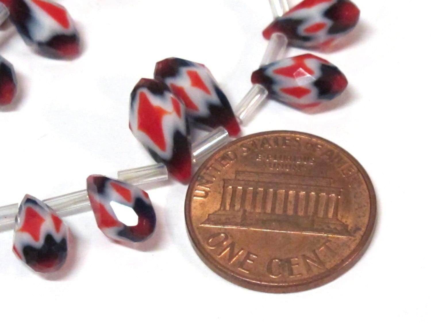 1 strand - 14 inches long - Faceted teardrop shape orange white color chevron design shiny crystal glass beads - AB060