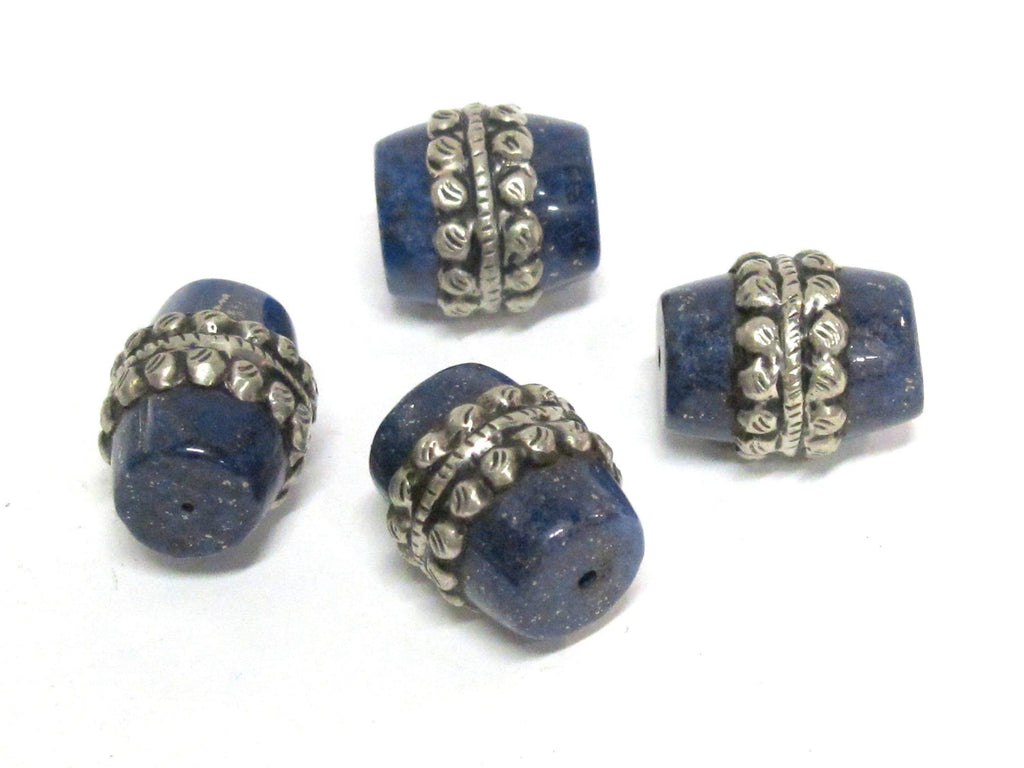 1 Bead - Tibetan silver color encased lapis lazuli gemstone bead from Nepal - BD453B