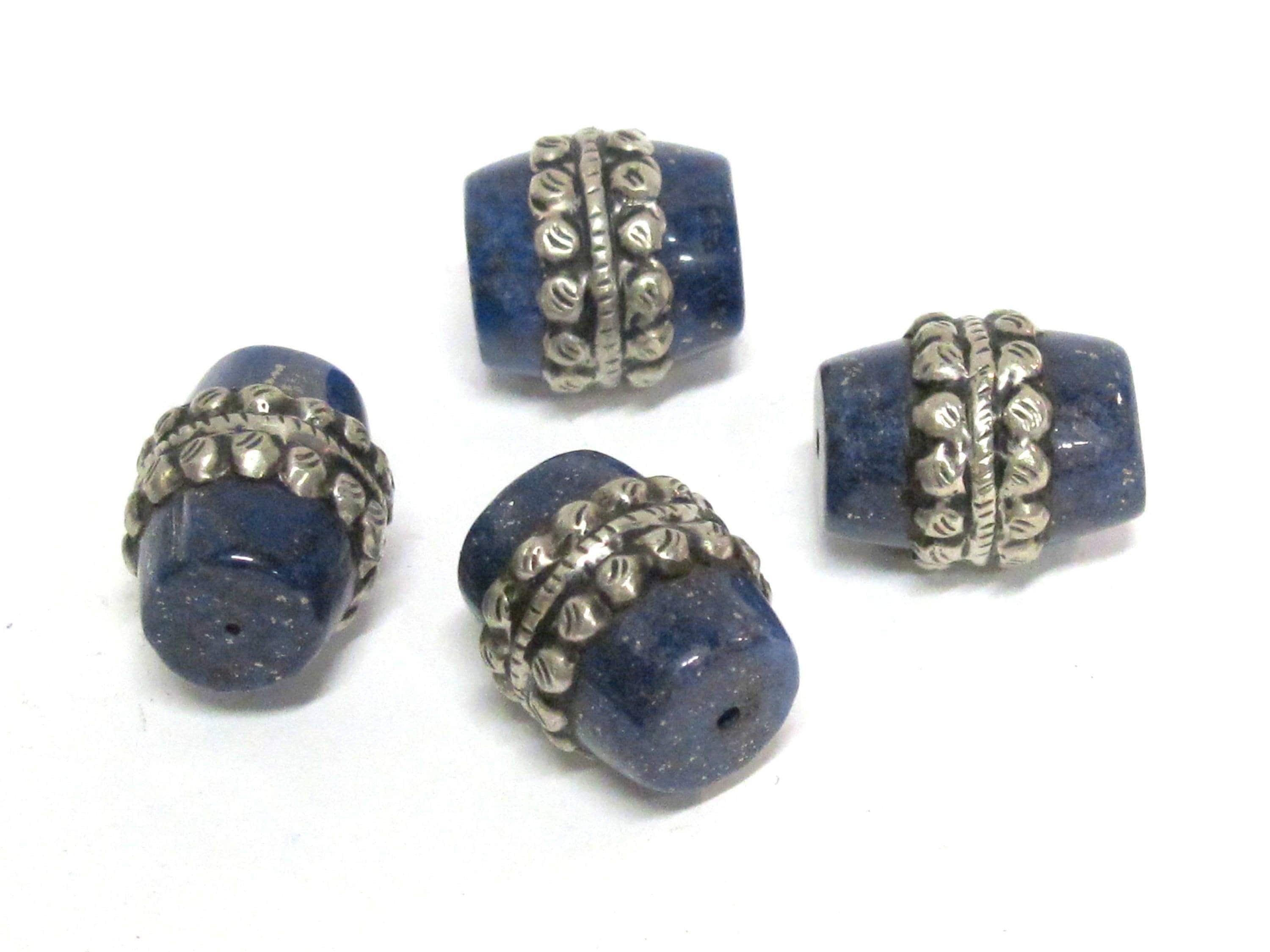 1 Bead - Tibetan silver color encased lapis lazuli gemstone bead from Nepal - BD453B