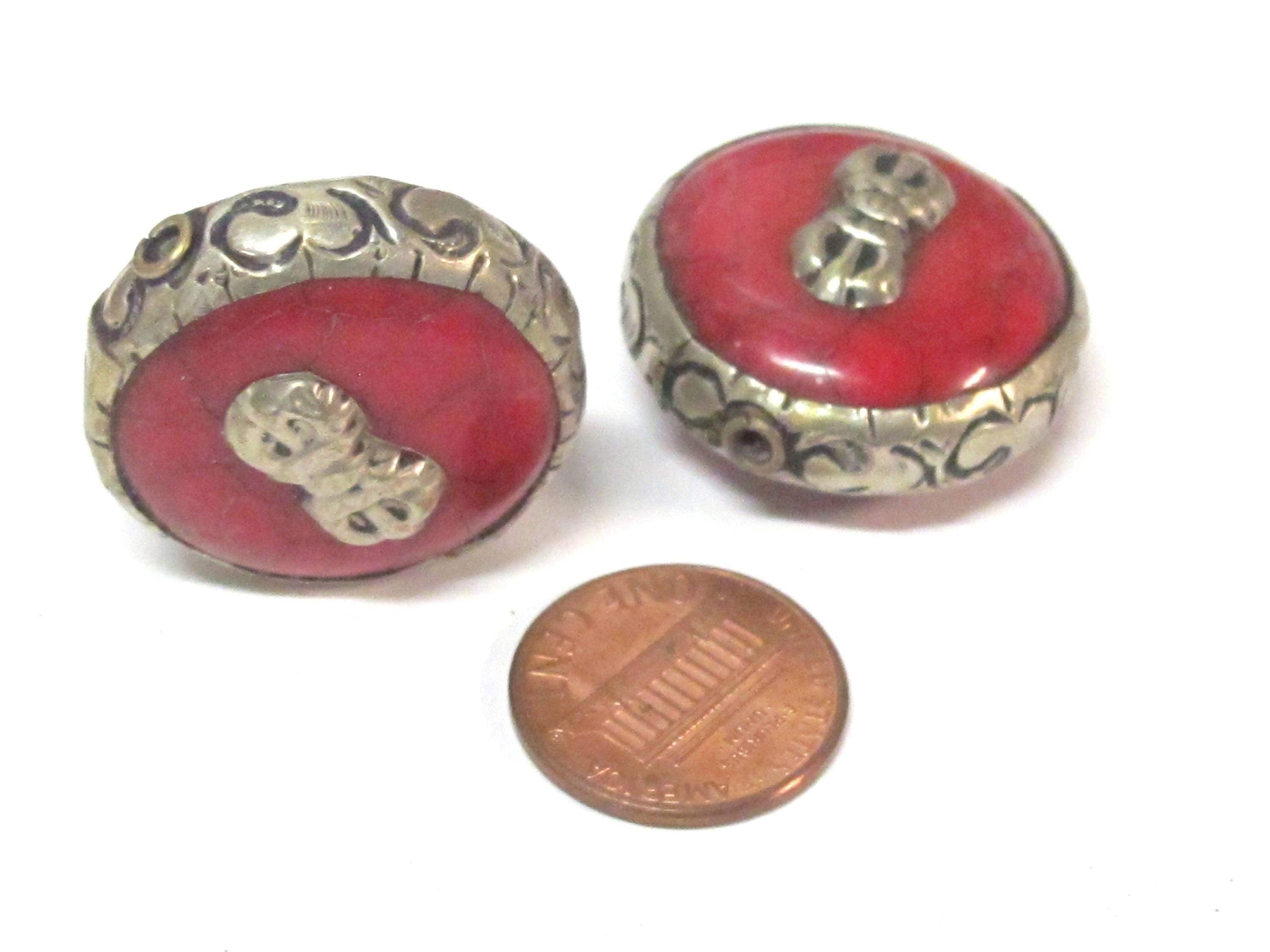 1 Bead - Reversible Large size Tibetan silver encased red crackle resin dorje vajra symbol bead - BD524C