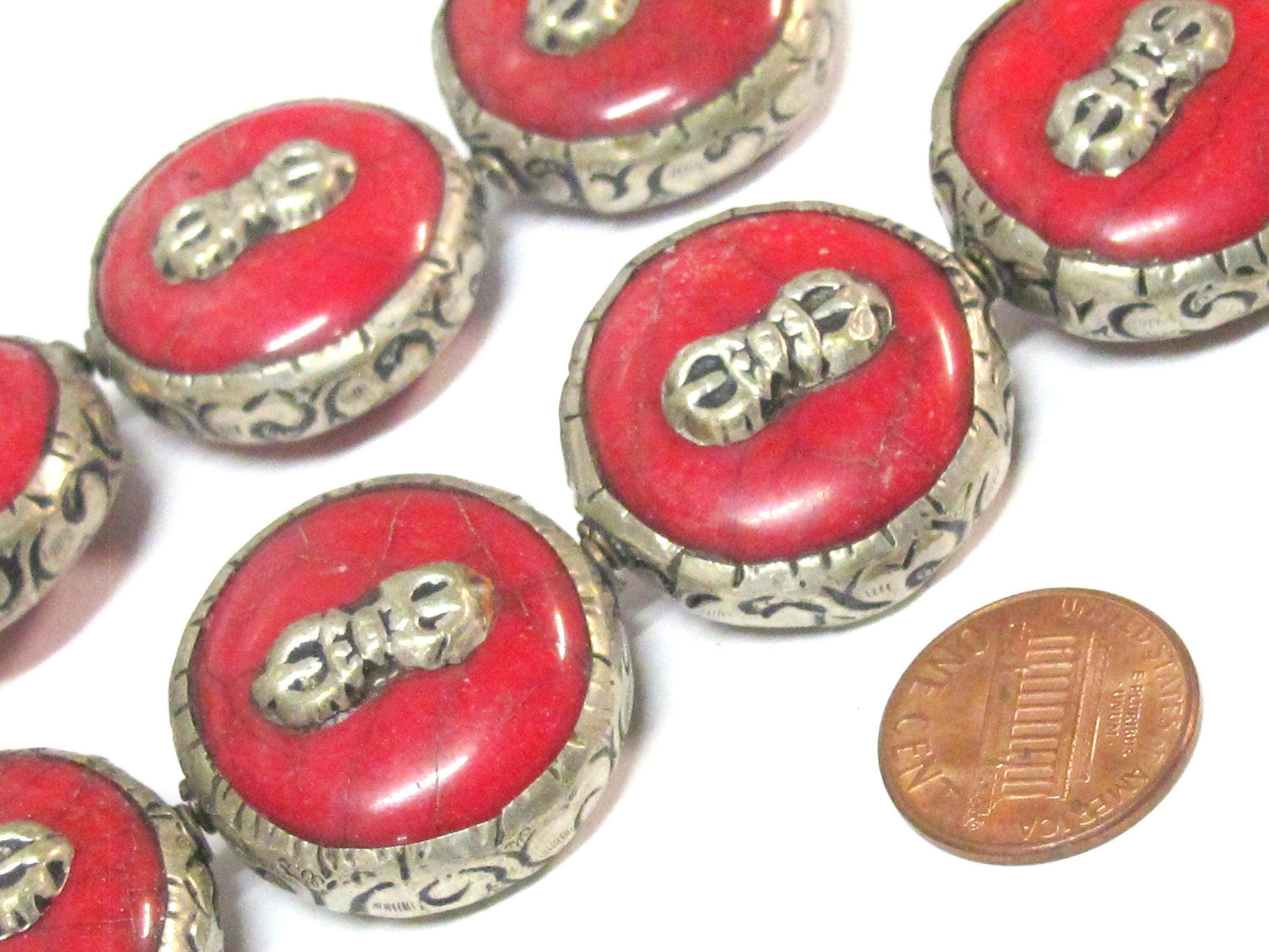 1 Bead - Reversible Large size Tibetan silver encased red crackle resin dorje vajra symbol bead - BD524C