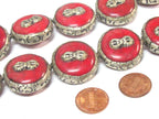 1 Bead - Reversible Large size Tibetan silver encased red crackle resin dorje vajra symbol bead - BD524C