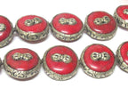 1 Bead - Reversible Large size Tibetan silver encased red crackle resin dorje vajra symbol bead - BD524C