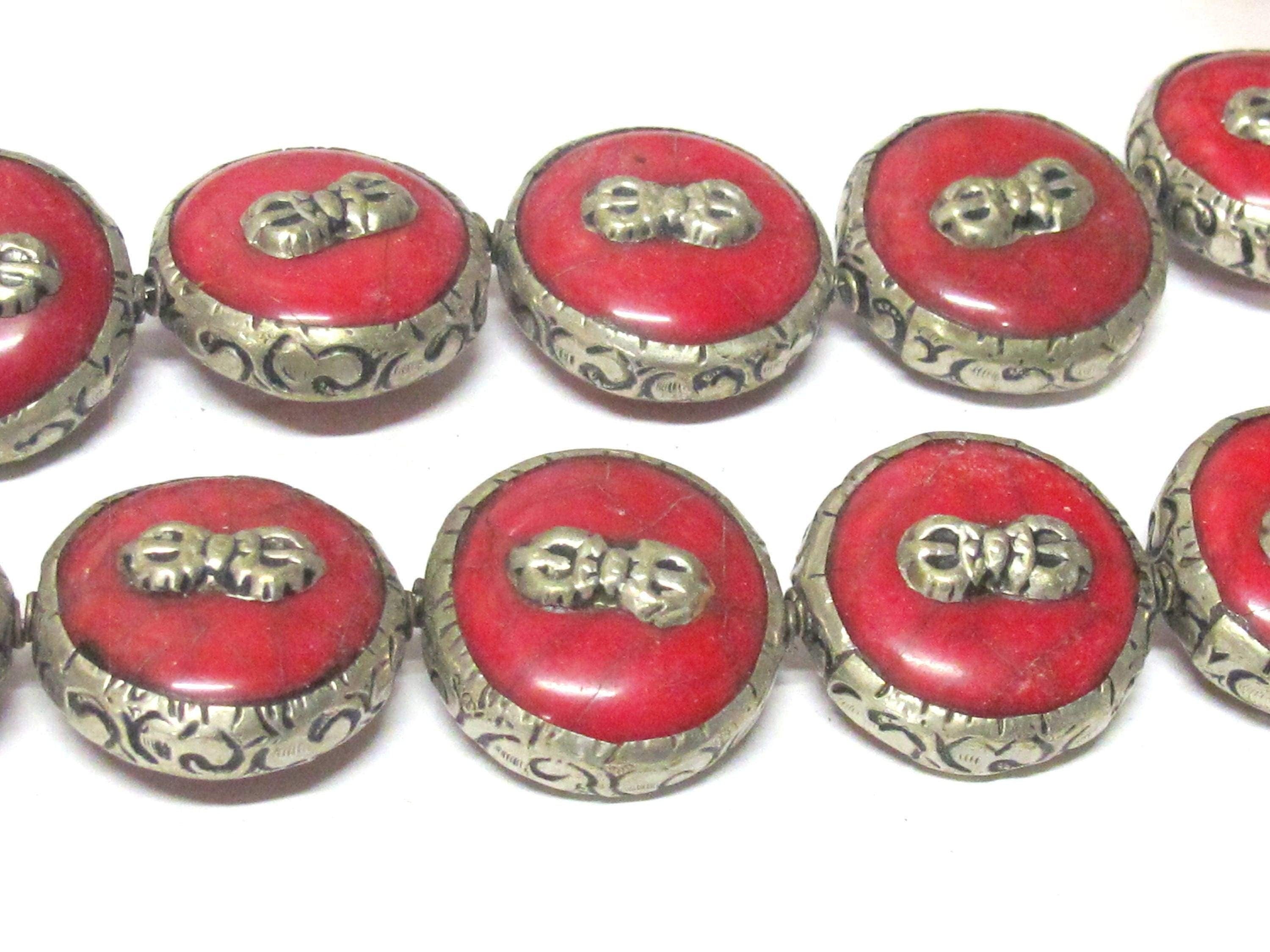 1 Bead - Reversible Large size Tibetan silver encased red crackle resin dorje vajra symbol bead - BD524C