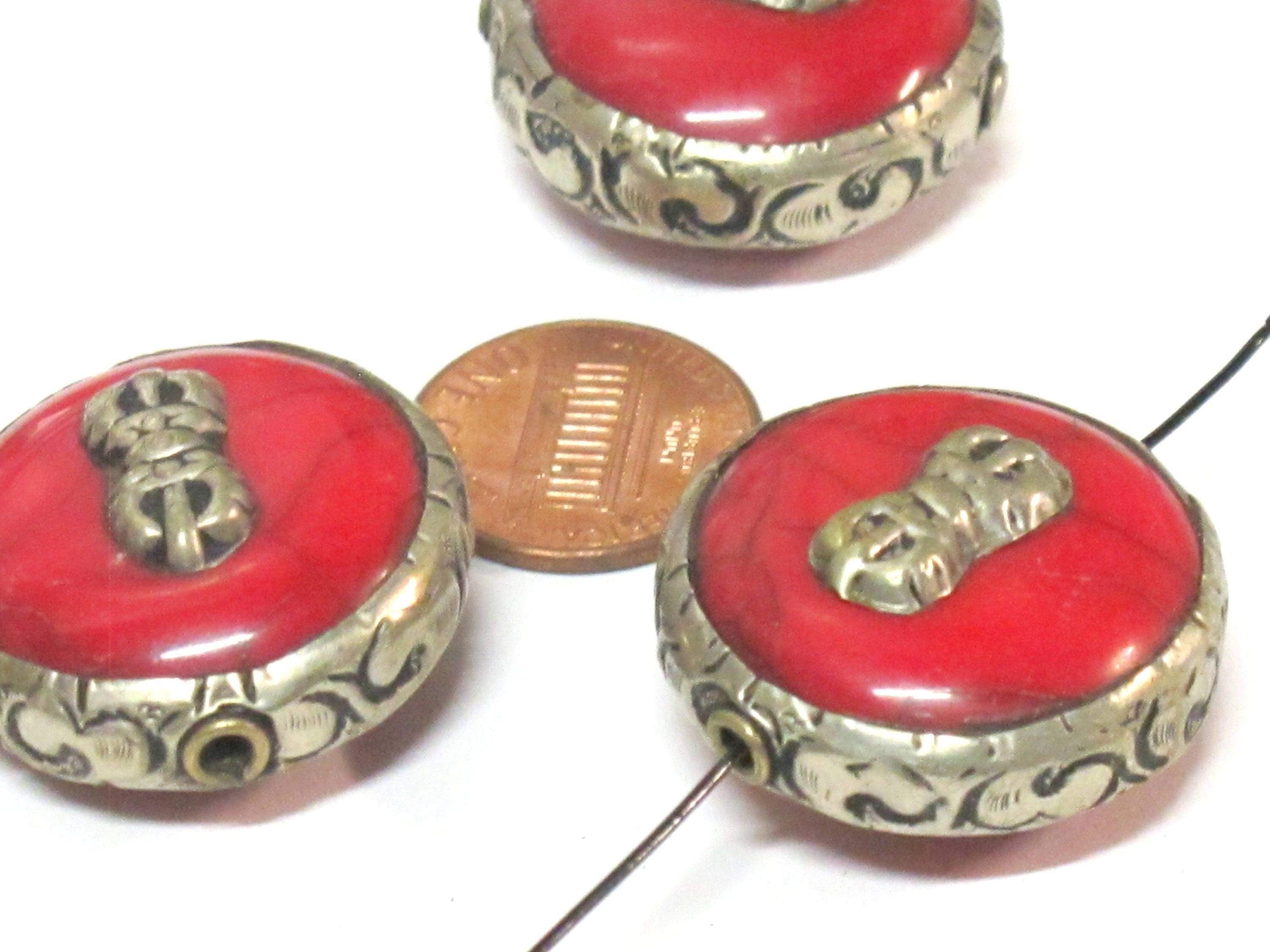 1 Bead - Reversible Large size Tibetan silver encased red crackle resin dorje vajra symbol bead - BD524C