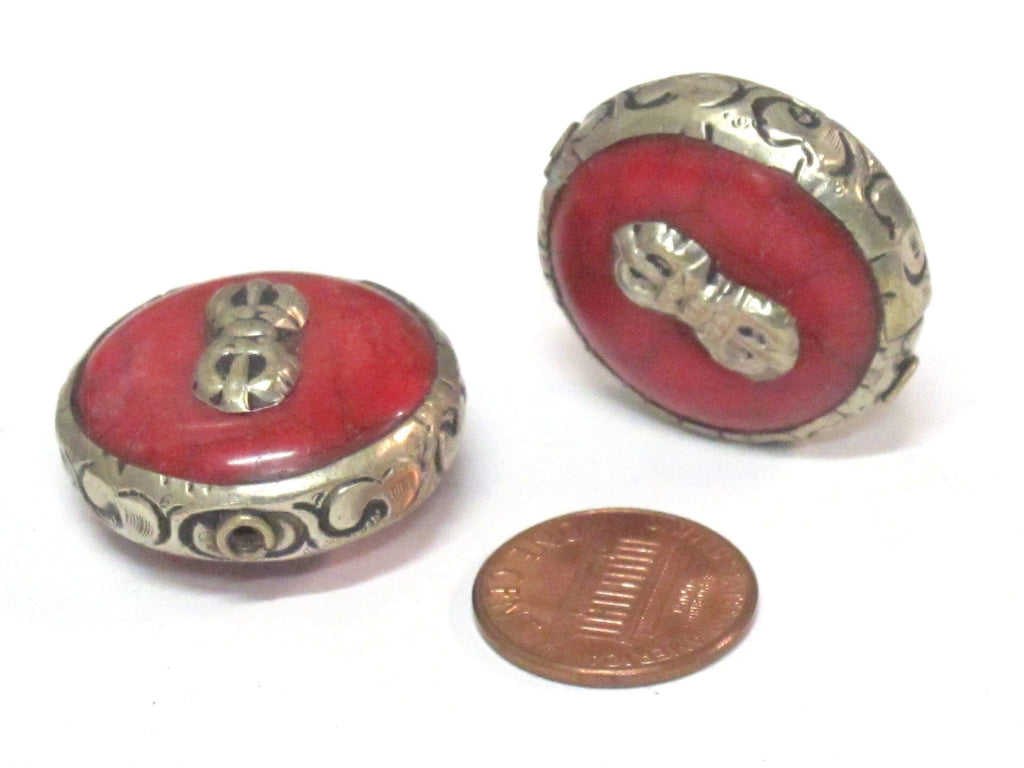 1 Bead - Reversible Large size Tibetan silver encased red crackle resin dorje vajra symbol bead - BD524C