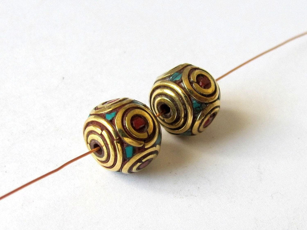 Nepalese Brass cube beads with turquoise coral circles - 2 beads - BD092