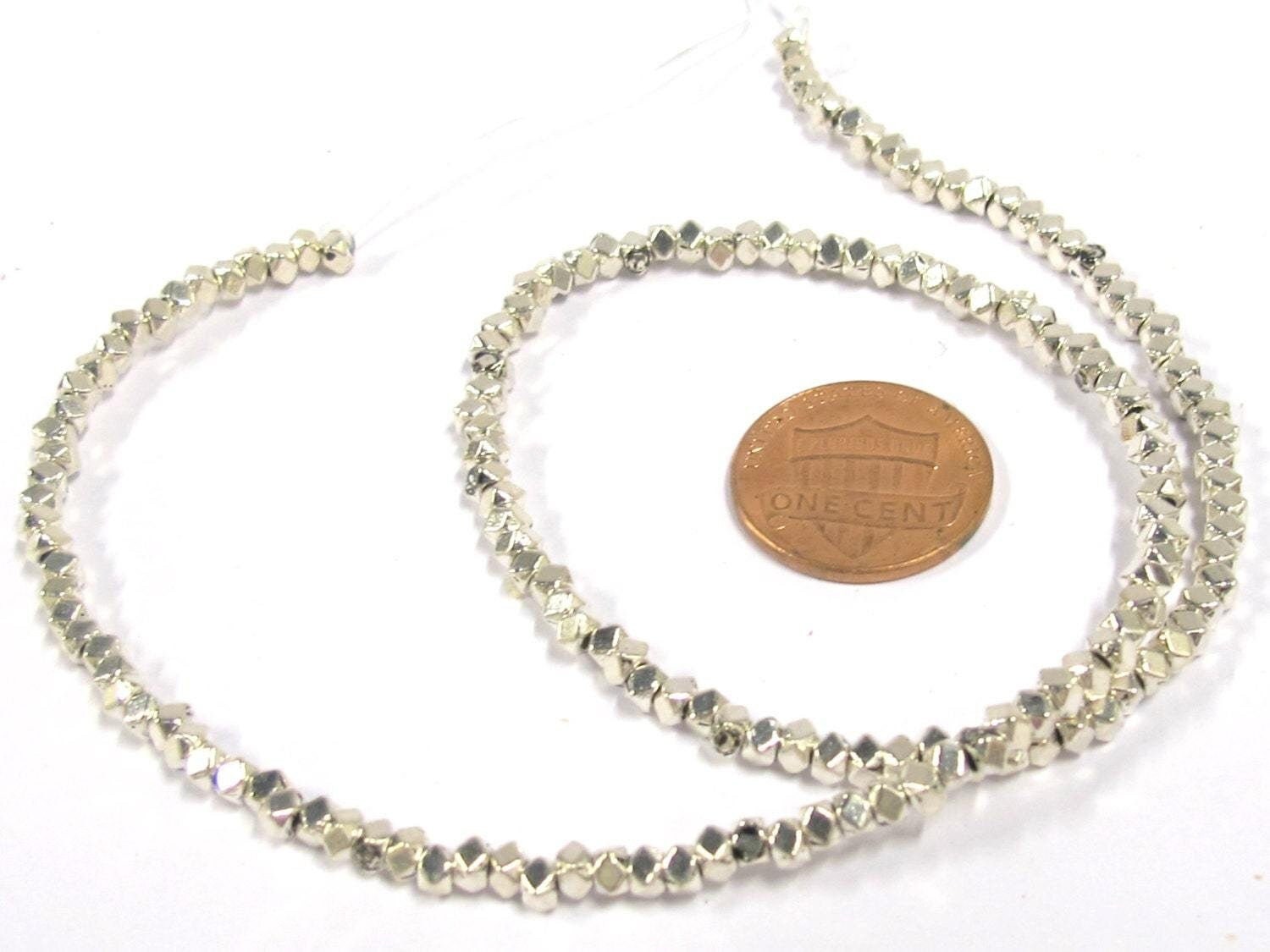 1 Full strand - Small size 3 - 4 mm Shiny silver plated metal cube hex beads - BD417
