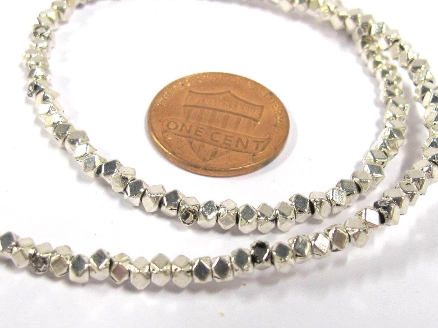 1 Full strand - Small size 3 - 4 mm Shiny silver plated metal cube hex beads - BD417