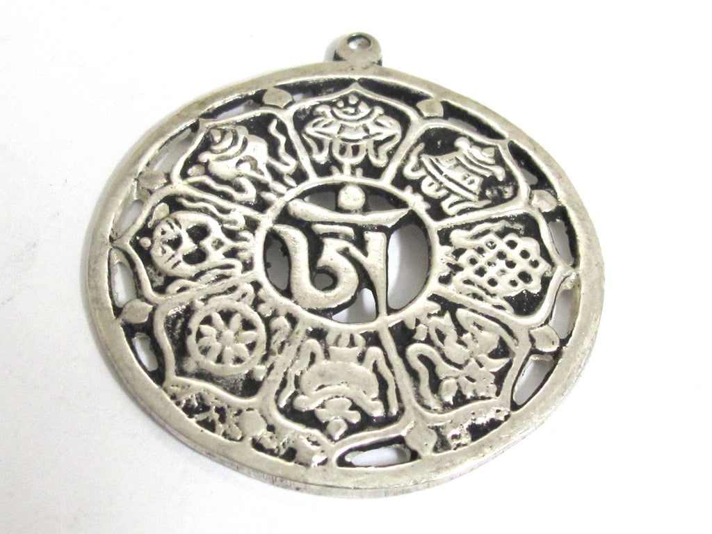 Tibetan ashtamangala auspicious symbols Om pendant Tibetan pendant antiqued silver finish ethnic Nepal supplies- CP060K