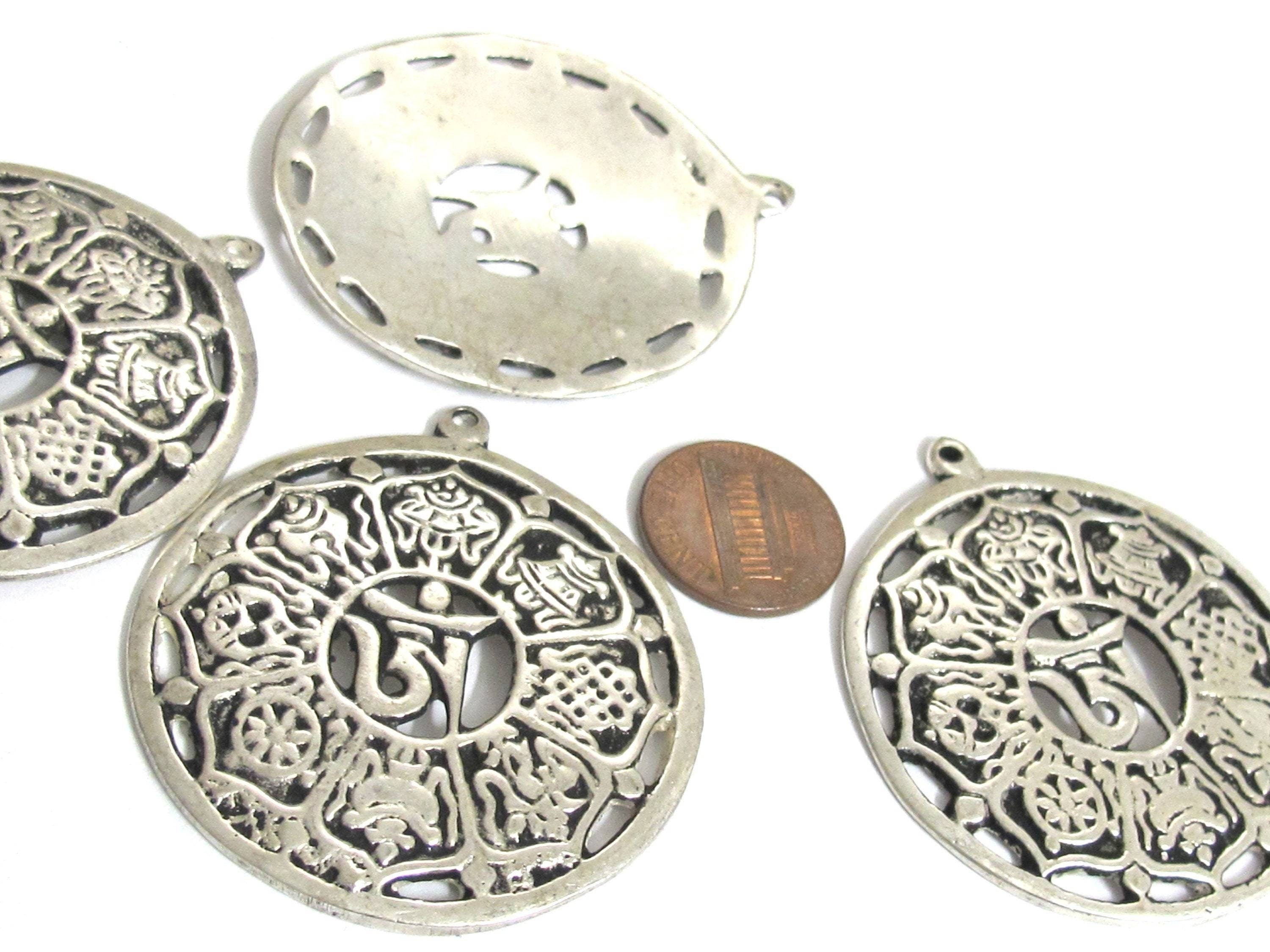 Tibetan ashtamangala auspicious symbols Om pendant Tibetan pendant antiqued silver finish ethnic Nepal supplies- CP060K
