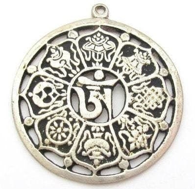 Tibetan ashtamangala auspicious symbols Om pendant Tibetan pendant antiqued silver finish ethnic Nepal supplies- CP060K