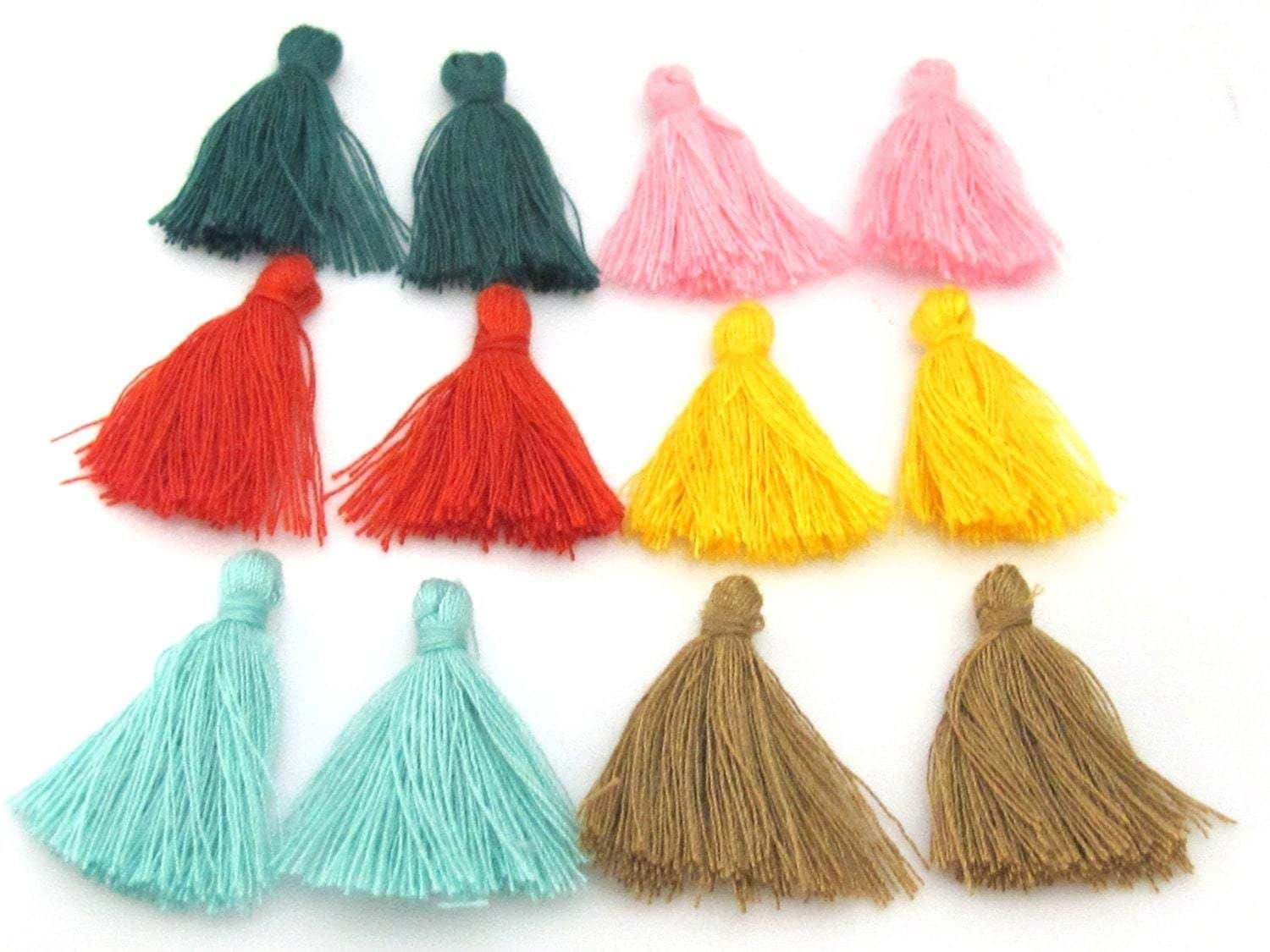 12 Pieces - 6 Pairs assorted colors - Small mini size silky tassel charms jewelry mala supply 1 inch - TS015
