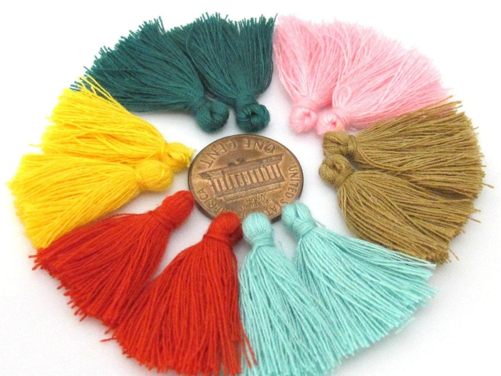 12 Pieces - 6 Pairs assorted colors - Small mini size silky tassel charms jewelry mala supply 1 inch - TS015