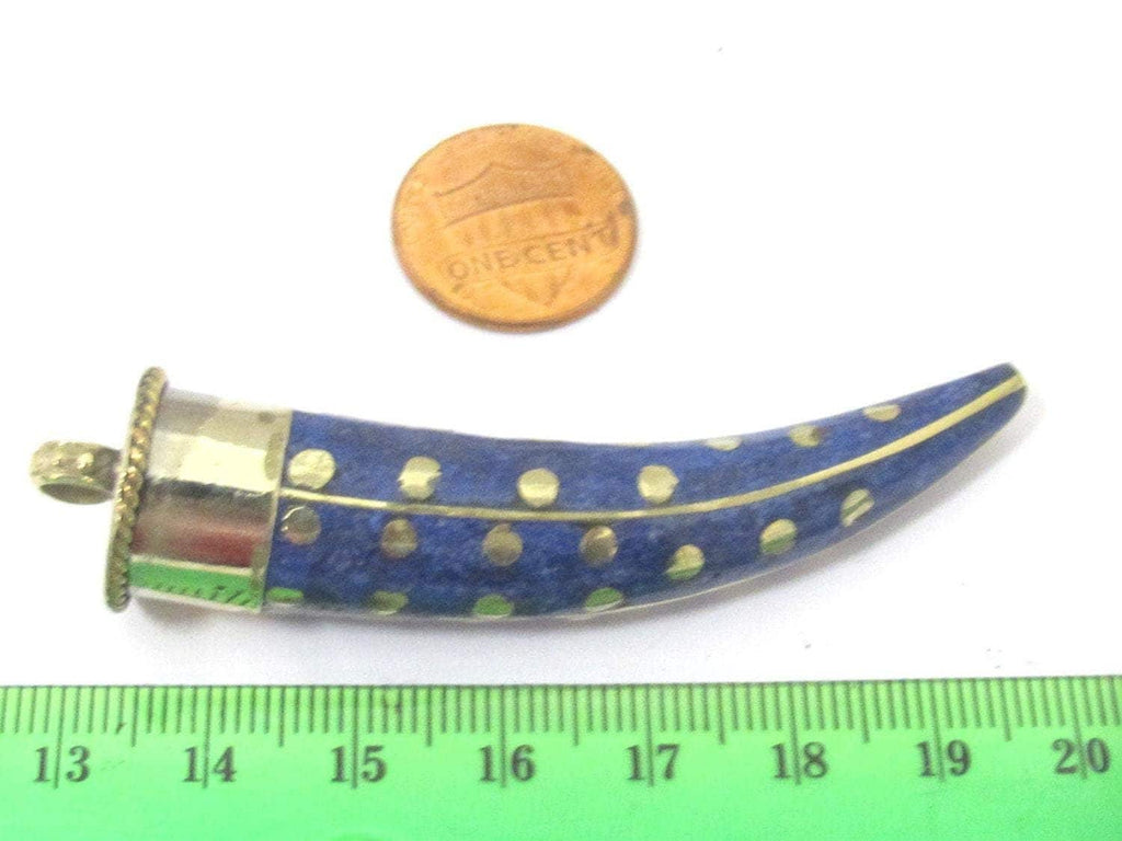 1 Pendant - Long Tibetan horn shape Brass pendant with lapis inlay and dotted brass inlay - PM407B
