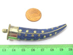 1 Pendant - Long Tibetan horn shape Brass pendant with lapis inlay and dotted brass inlay - PM407B