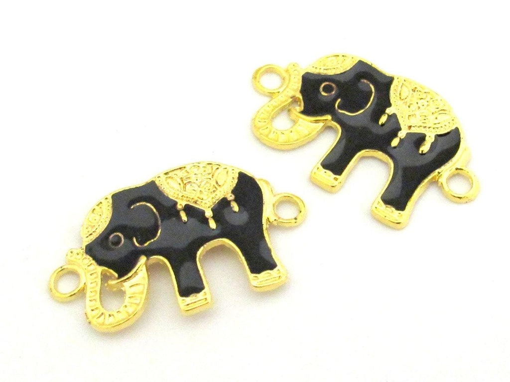 2 elephant charms - Black enamel inlaid Elephant connector bracelet supply - BD665