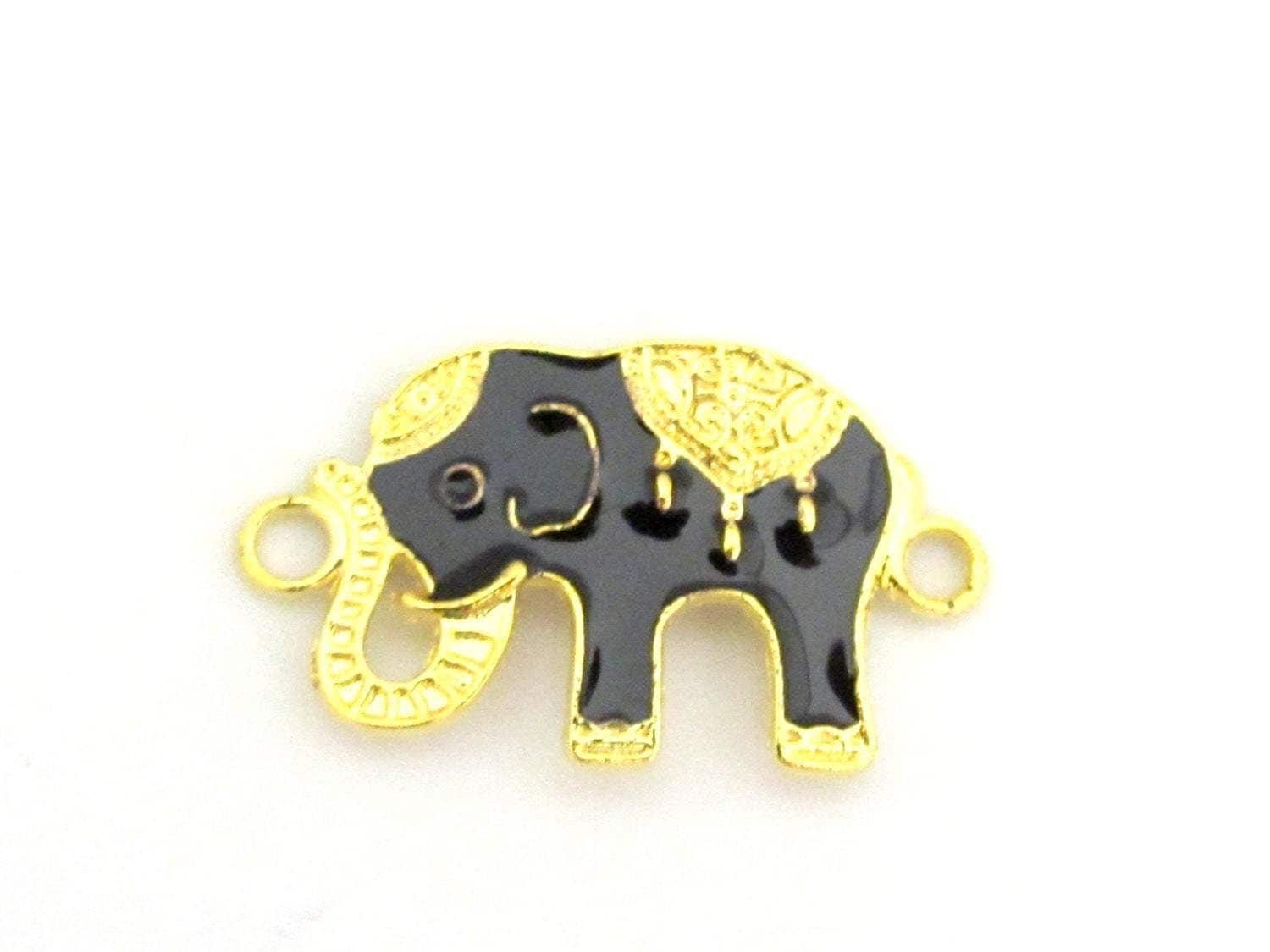 2 elephant charms - Black enamel inlaid Elephant connector bracelet supply - BD665