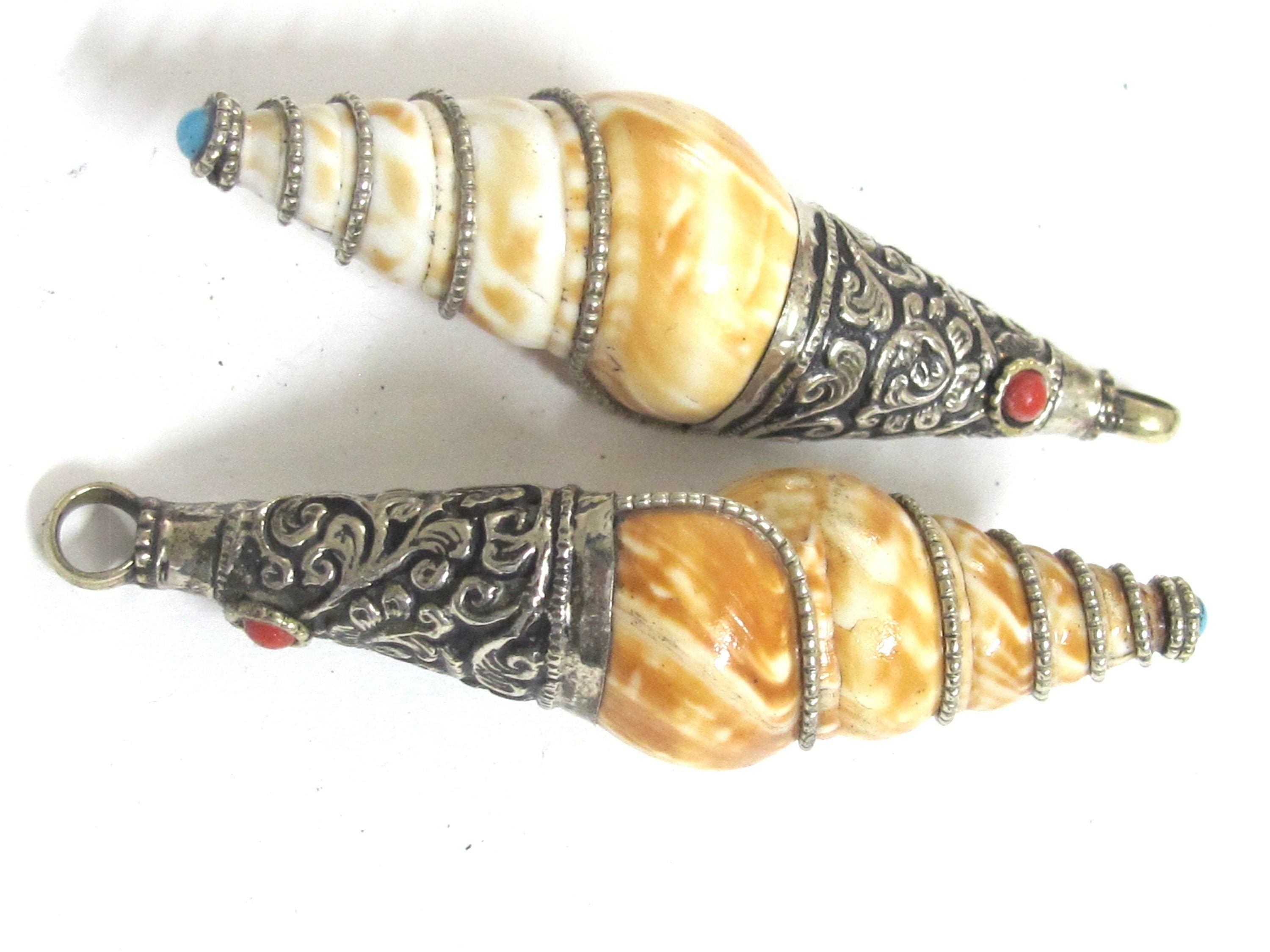 1 Pendant - Shell pendants Tibetan Nepal conical spiral shell pendant tibetan silver floral filigree wire capped bail shell pendant- SP066