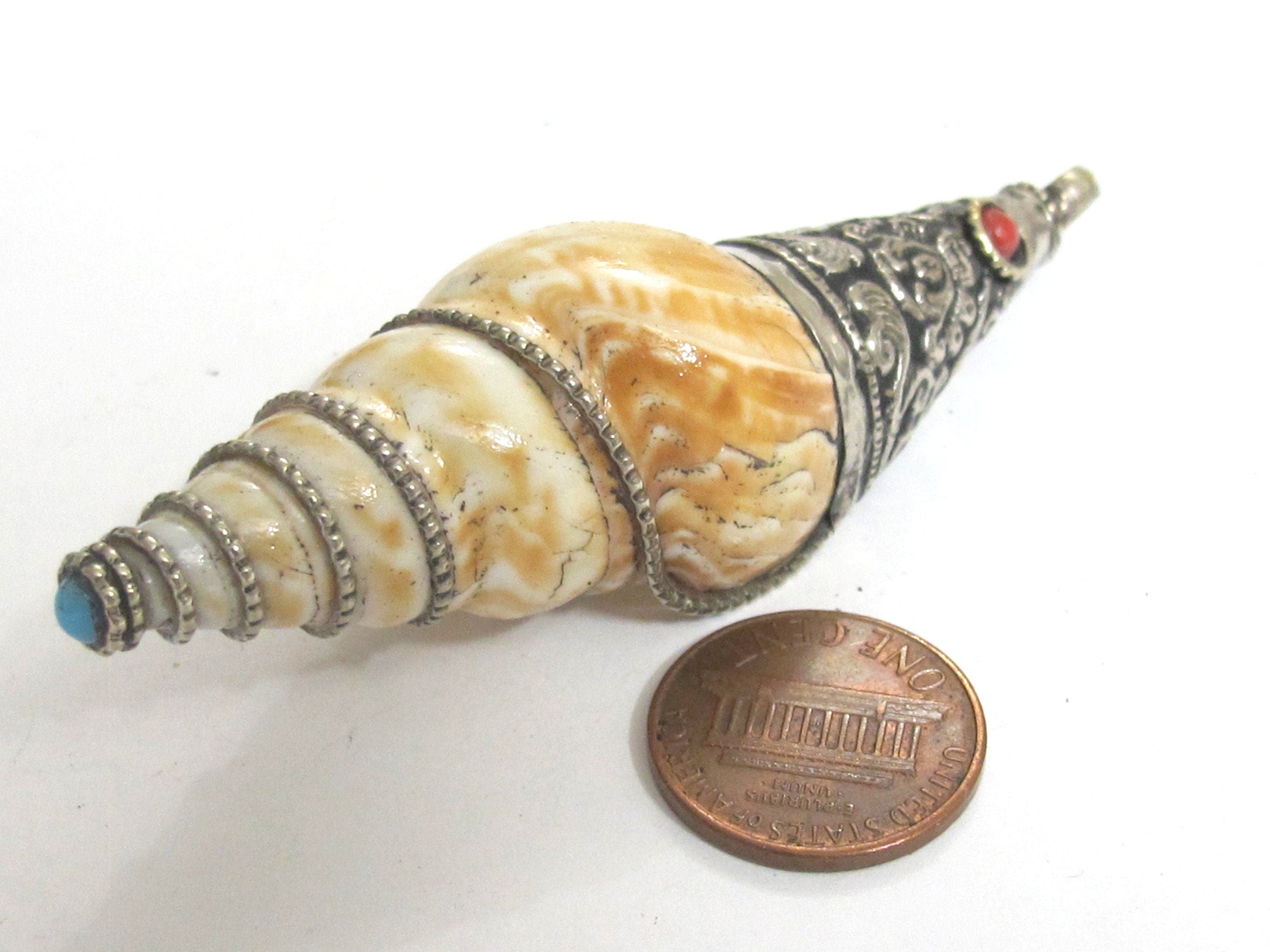 1 Pendant - Shell pendants Tibetan Nepal conical spiral shell pendant tibetan silver floral filigree wire capped bail shell pendant- SP066
