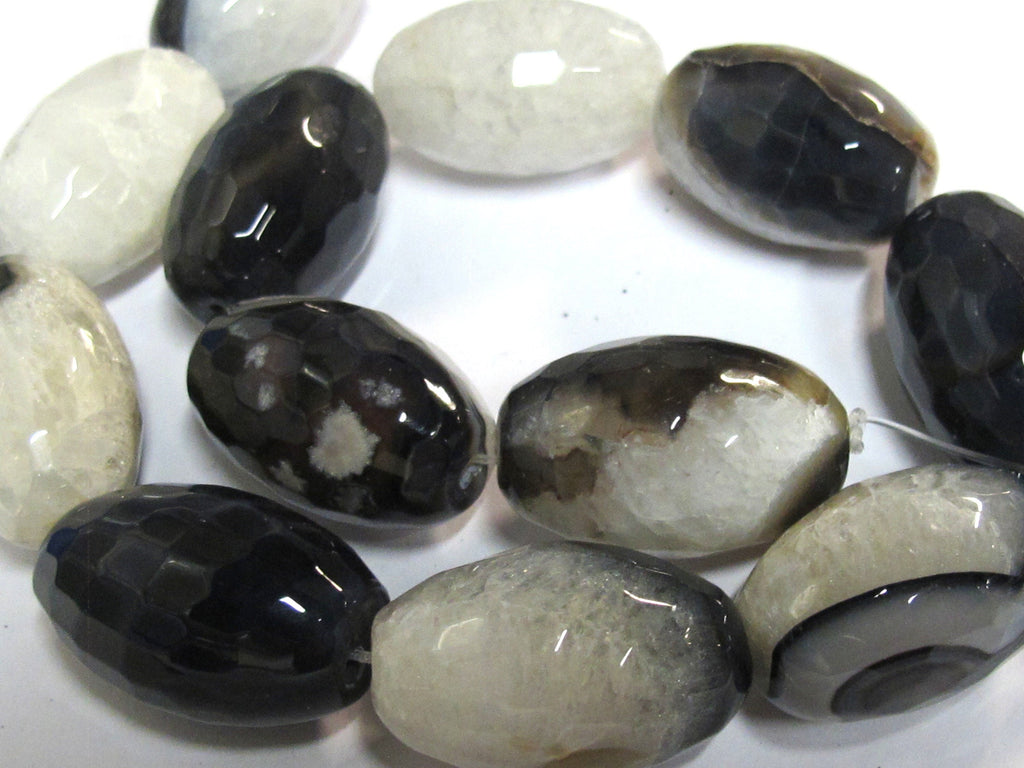6 Beads - Faceted Large heavy size agate onyx black white grey color mix cylinder gemstone pendant beads lot - GM397C