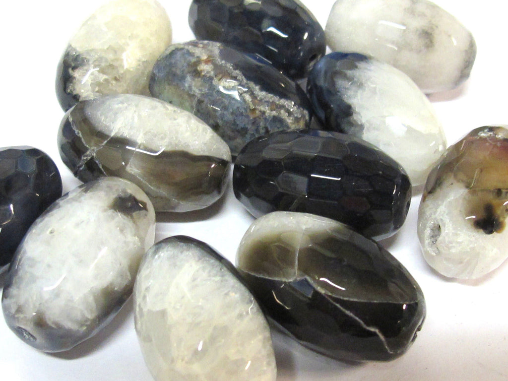 6 Beads - Faceted Large heavy size agate onyx black white grey color mix cylinder gemstone pendant beads lot - GM397C