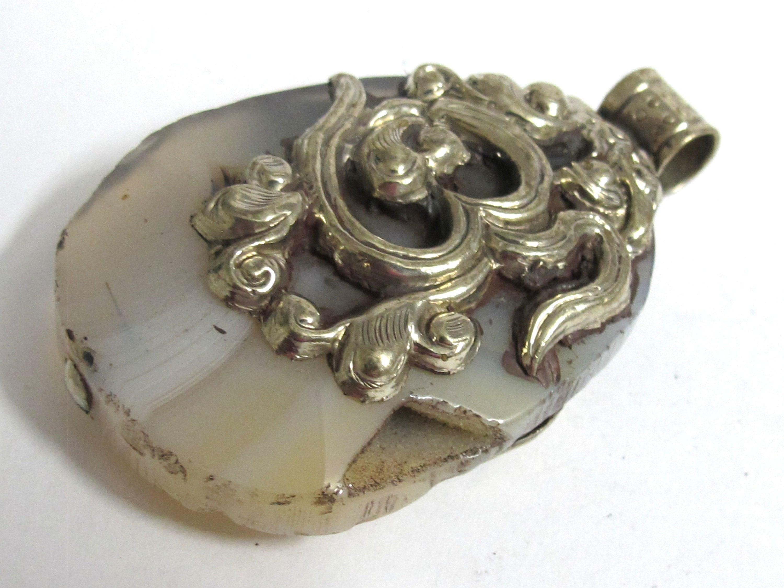 OOAK Tibetan pendant Beautiful freeform Tibetan druzy agate gemstone pendant with elephant Om reversible design Nepal pendant - PM206H