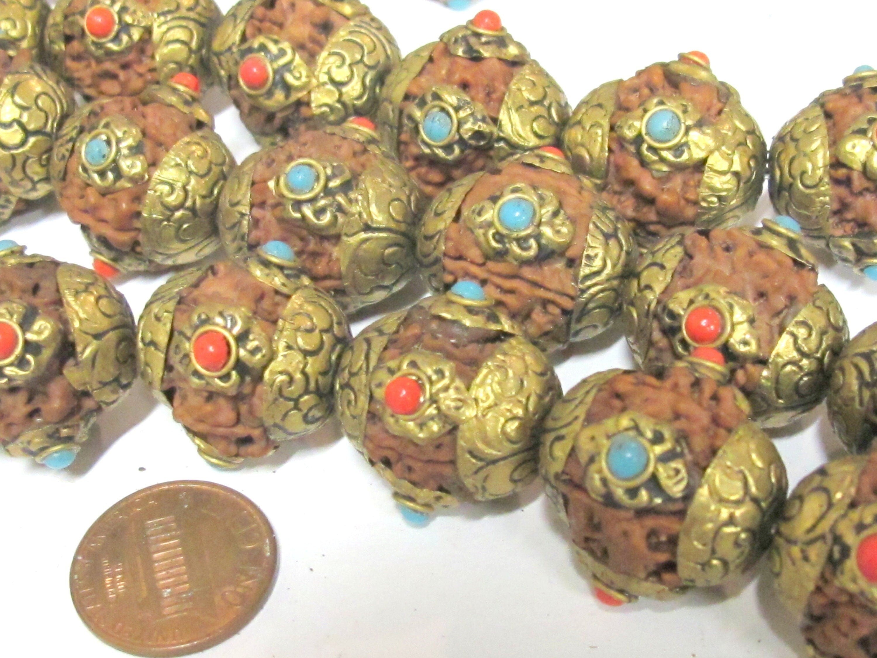 4 Beads - Large size Nepal Rudraksha beads with tibetan brass cap infinity knot design on beads mala making spacer supply - NB157