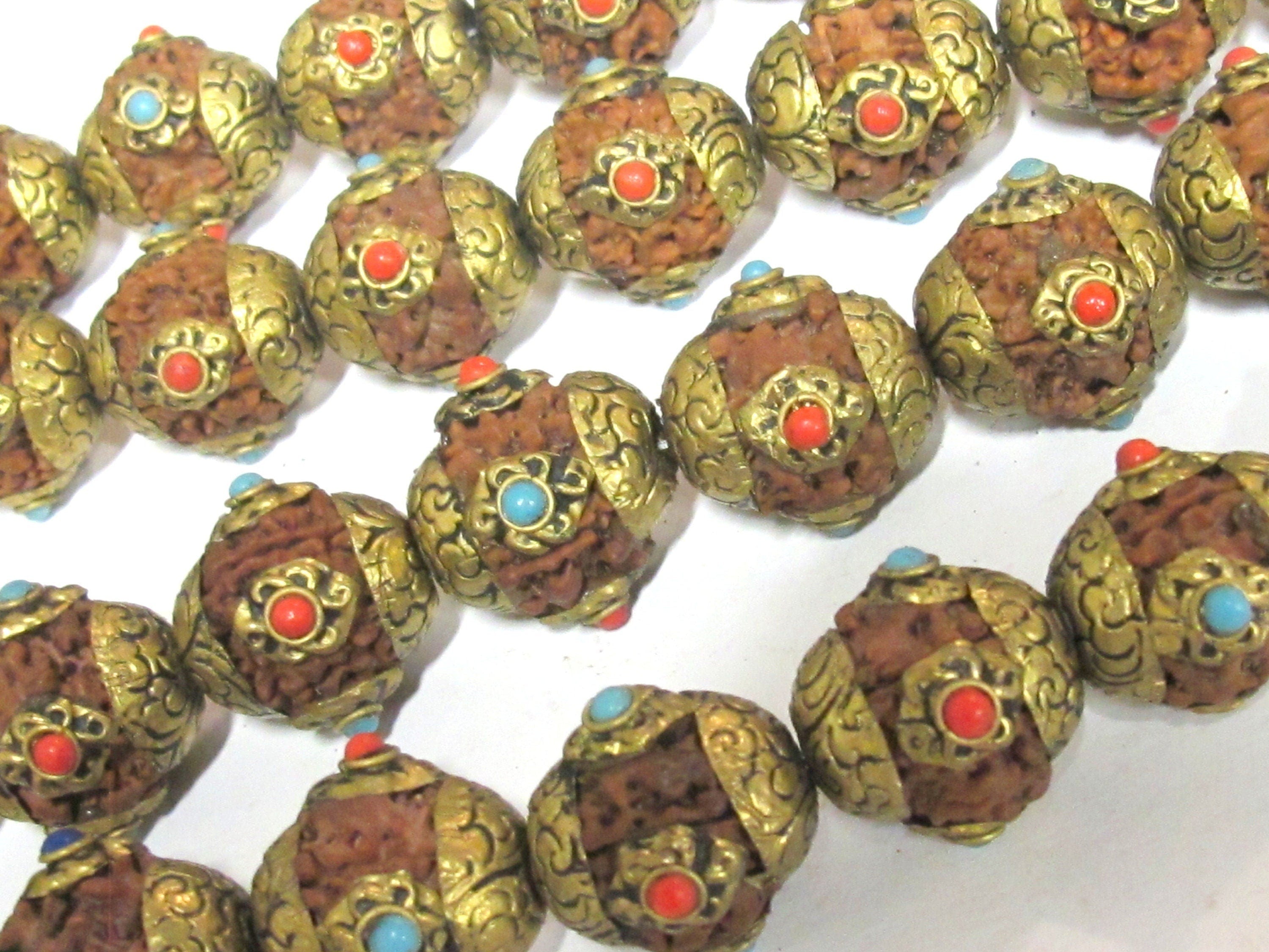 4 Beads - Large size Nepal Rudraksha beads with tibetan brass cap infinity knot design on beads mala making spacer supply - NB157