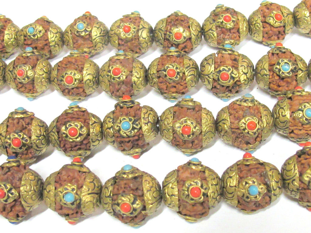4 Beads - Large size Nepal Rudraksha beads with tibetan brass cap infinity knot design on beads mala making spacer supply - NB157