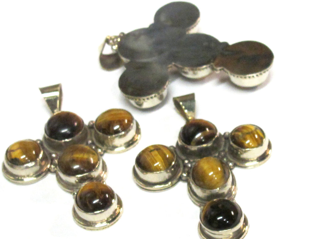 1 pendant - Tibetan antiqued silver tone finish tigers eye inlaid gemstone cross pendant Nepal - PM212D