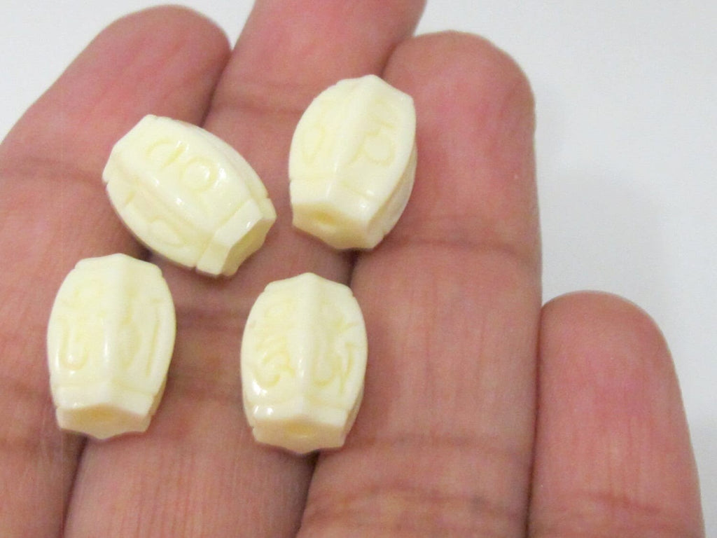 4 BEADS - Tibetan om mantra cream white color hexagon melon cut resin beads 12 mm x 10 mm - BD919