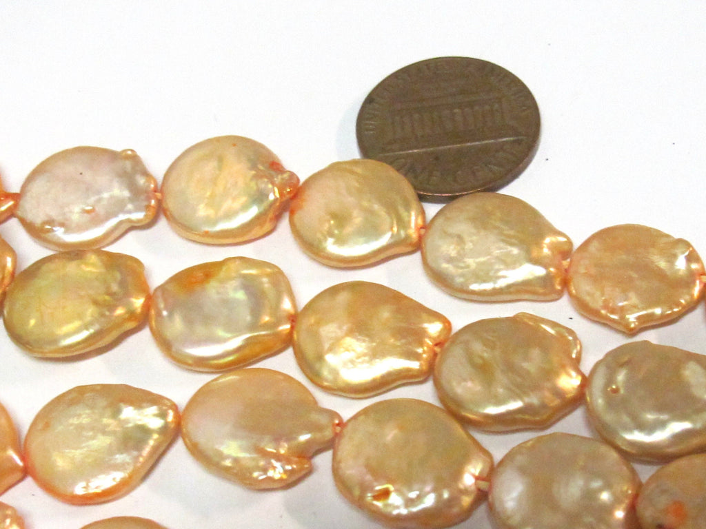 1 Full strand - Champagne color freshwater cultured pearl coin shape disc beads 12 -1 3 mm wide size 14 inches strand - PL038A