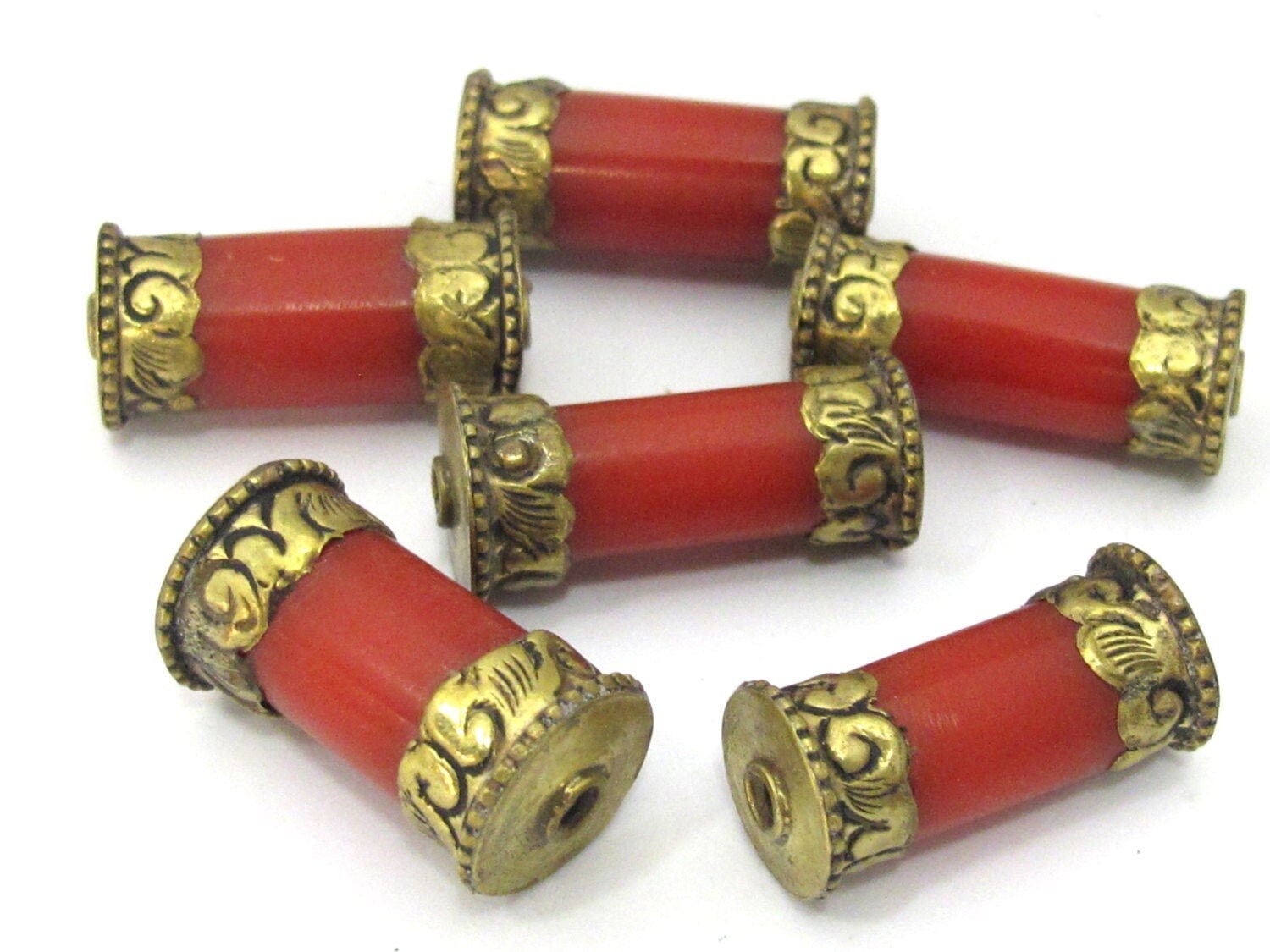 1 Bead - Long Thick Tibetan brass capped red copal resin cylinder bead - BD897