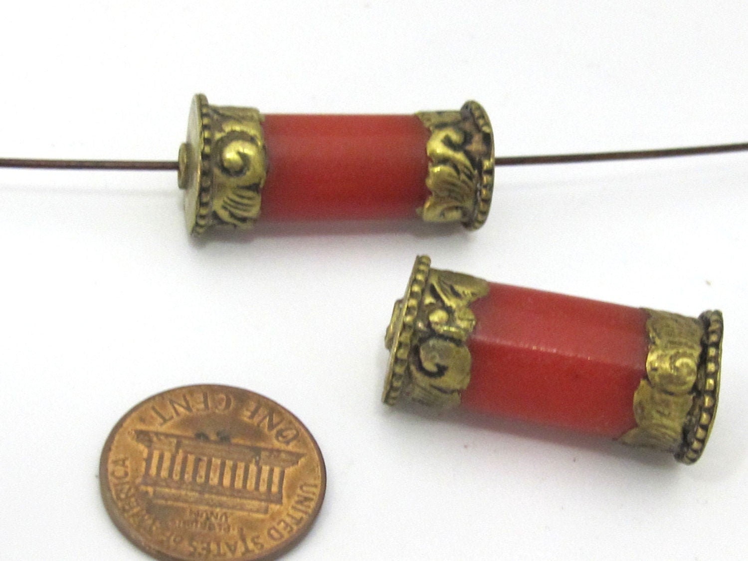 1 Bead - Long Thick Tibetan brass capped red copal resin cylinder bead - BD897