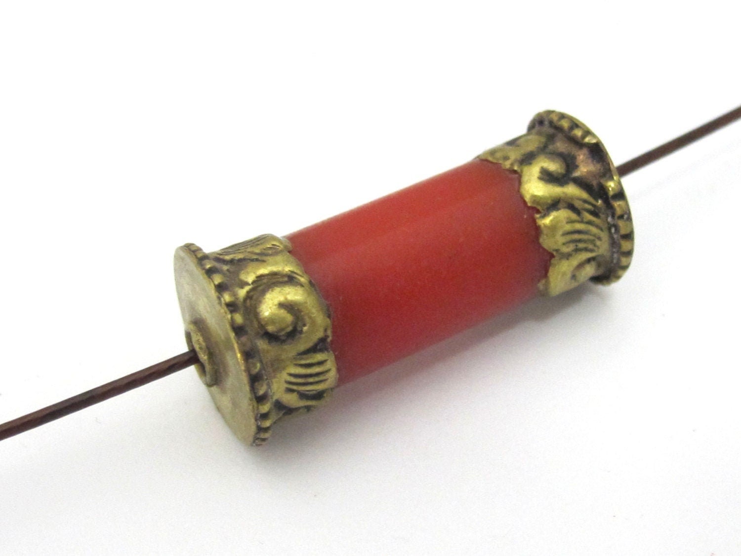 1 Bead - Long Thick Tibetan brass capped red copal resin cylinder bead - BD897