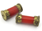 1 Bead - Long Thick Tibetan brass capped red copal resin cylinder bead - BD897
