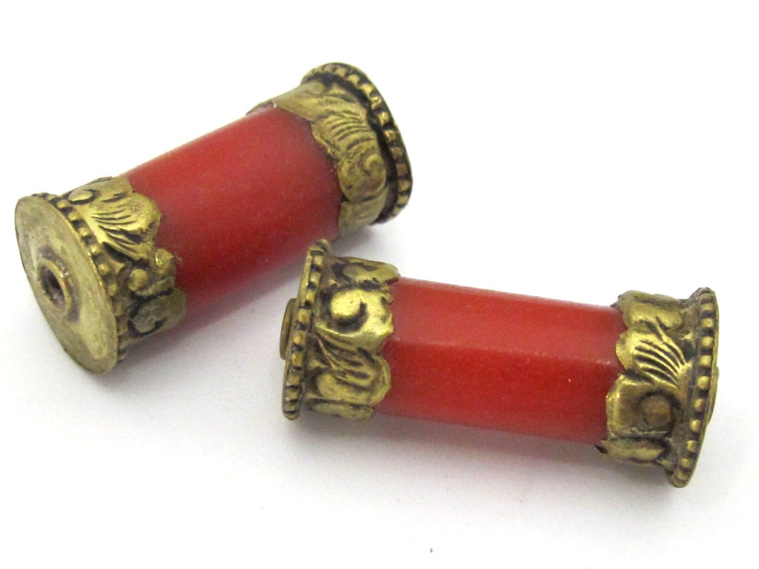 1 Bead - Long Thick Tibetan brass capped red copal resin cylinder bead - BD897