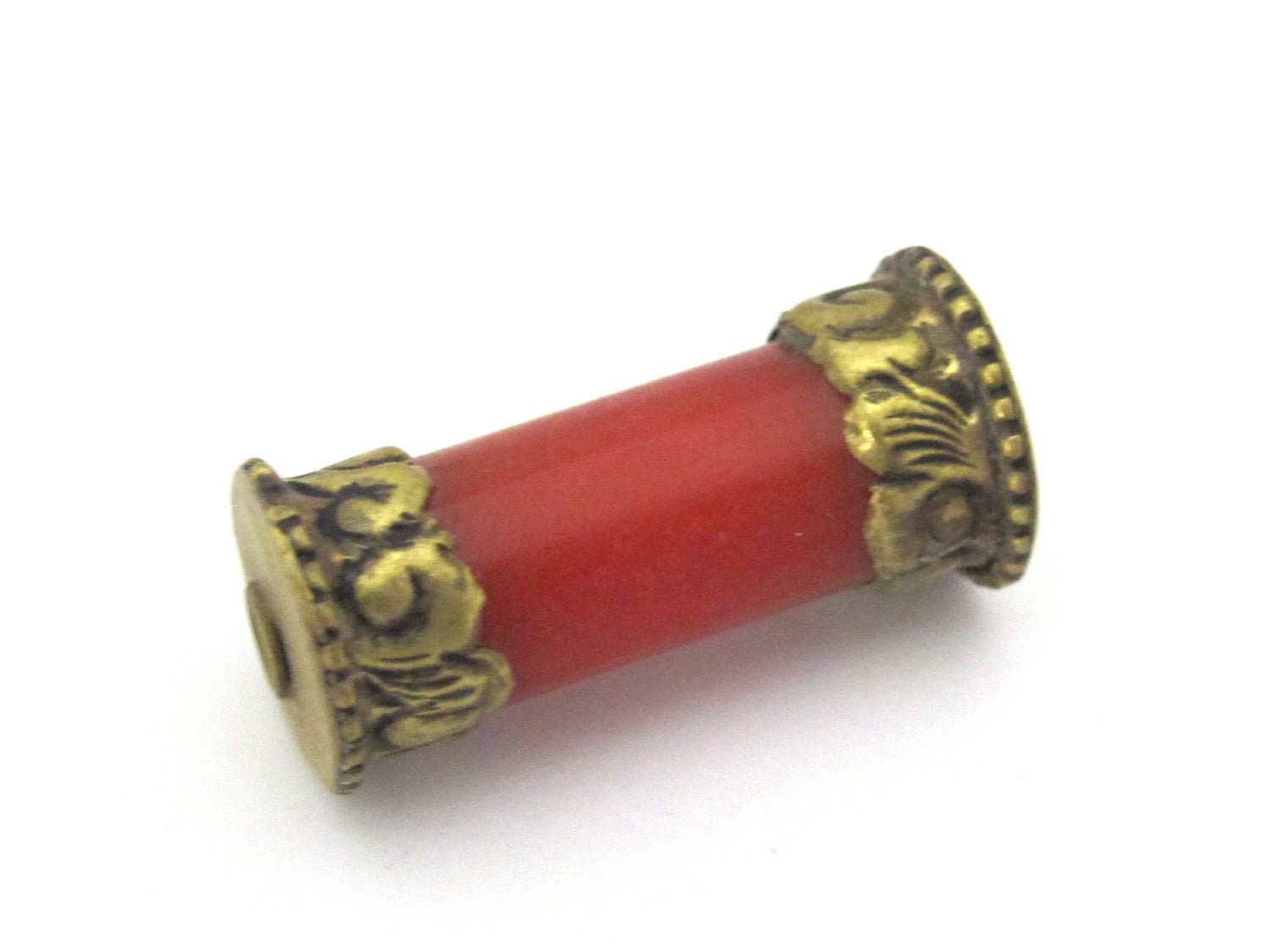 1 Bead - Long Thick Tibetan brass capped red copal resin cylinder bead - BD897