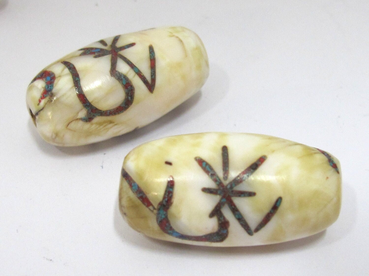 1 Bead - Large size Tibetan Om mantra turquoise inlaid naga conch shell beads - CH063