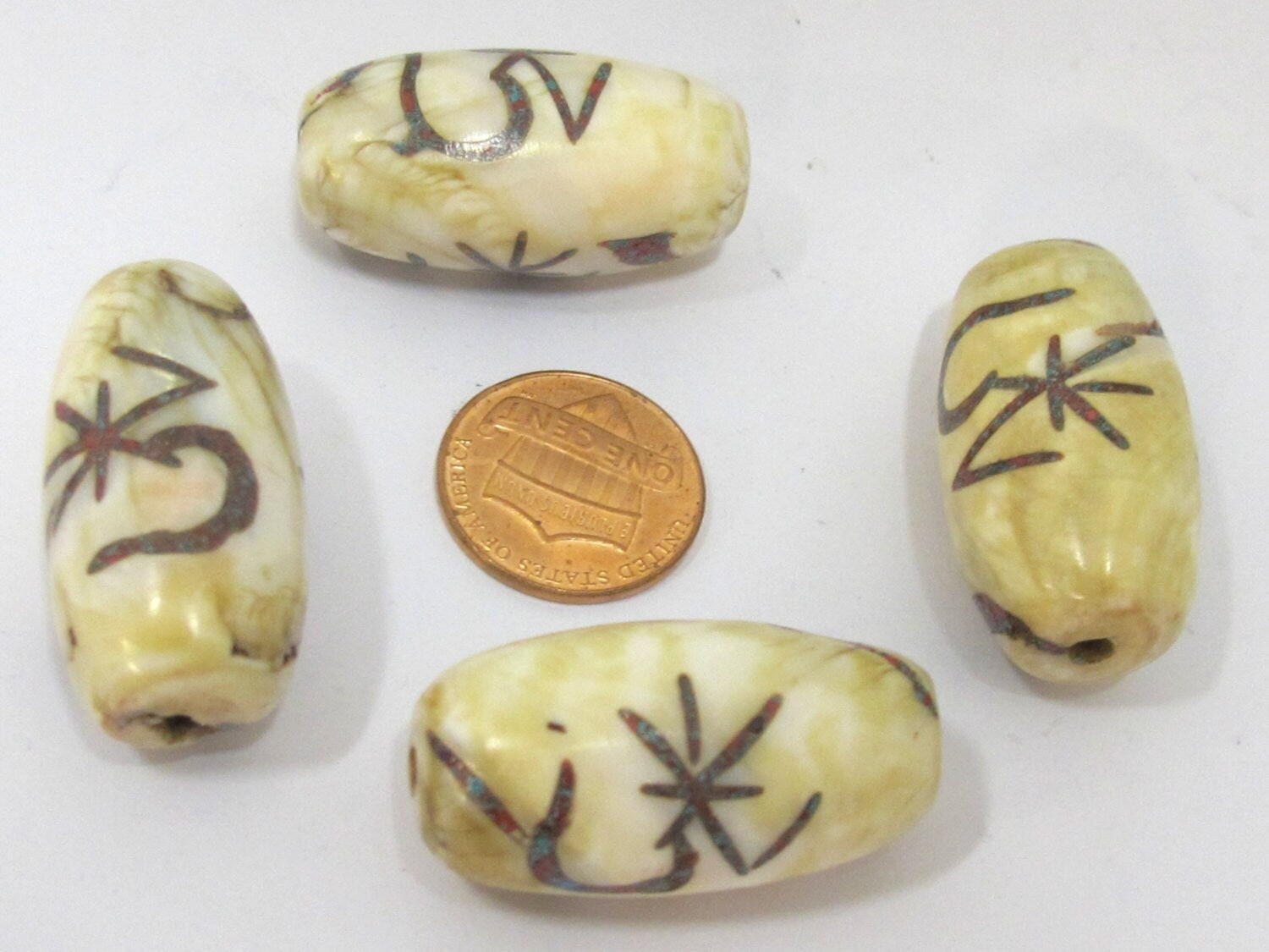 1 Bead - Large size Tibetan Om mantra turquoise inlaid naga conch shell beads - CH063