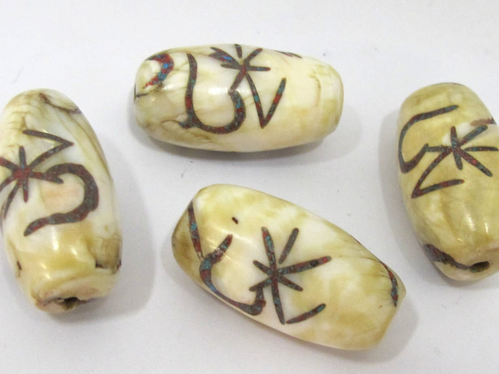 1 Bead - Large size Tibetan Om mantra turquoise inlaid naga conch shell beads - CH063