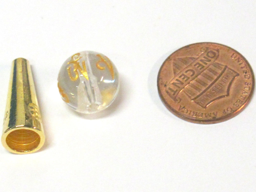 1 Guru Bead set - 12 mm size Tibetan om mantra etched clear white color synthetic quartz 3 hole Guru bead and gold color cone bead - GB068