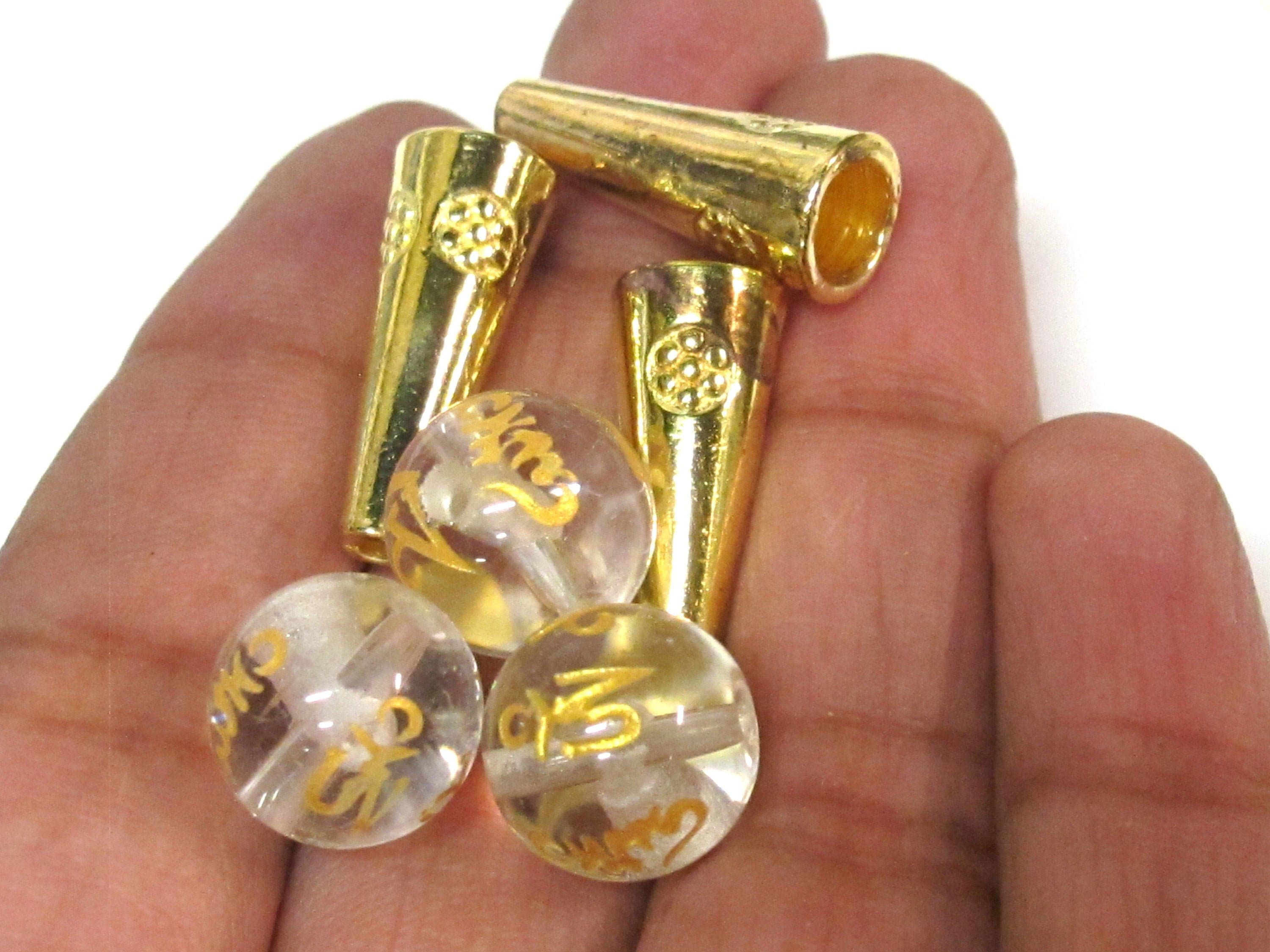 1 Guru Bead set - 12 mm size Tibetan om mantra etched clear white color synthetic quartz 3 hole Guru bead and gold color cone bead - GB068