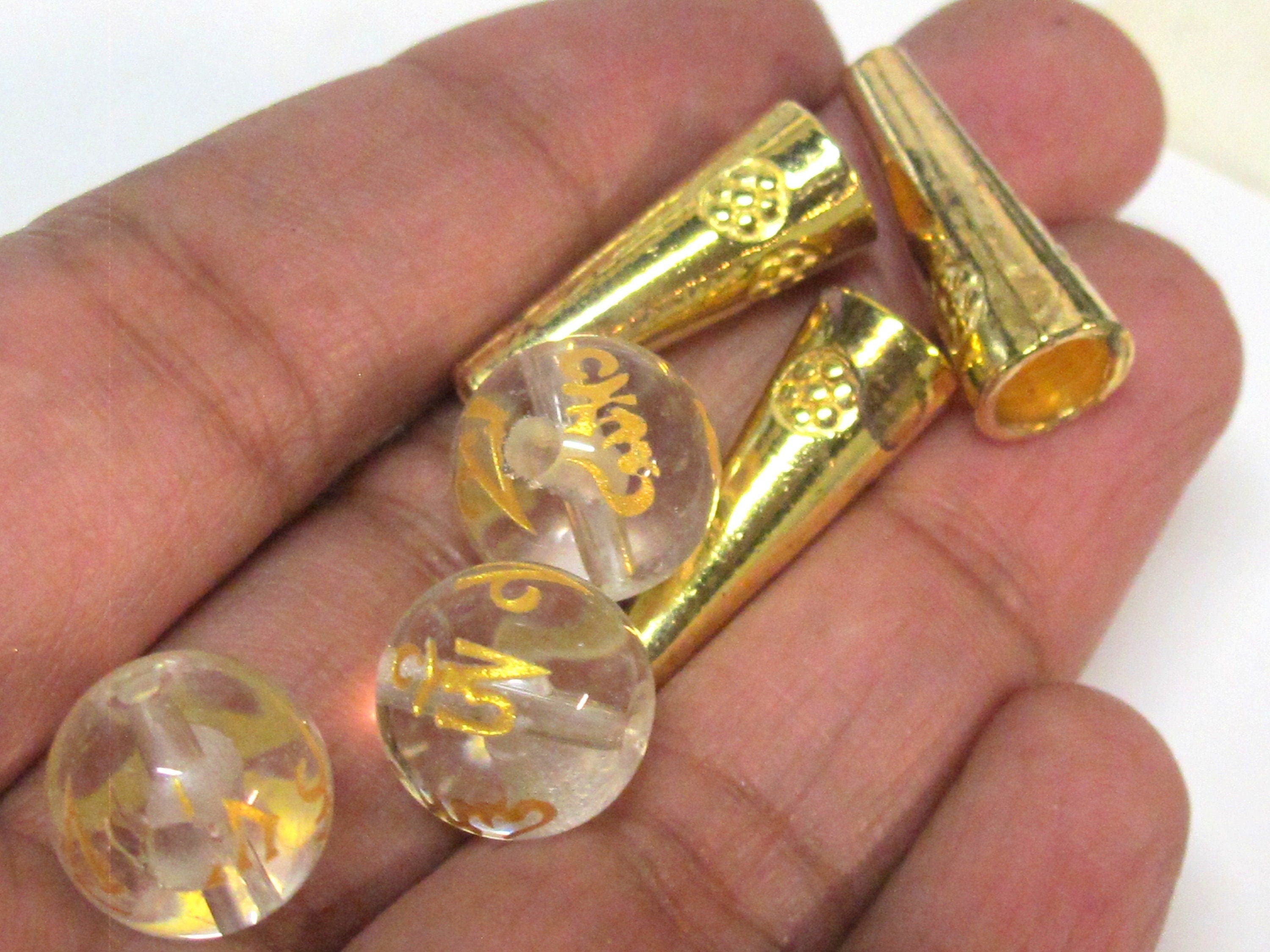 1 Guru Bead set - 12 mm size Tibetan om mantra etched clear white color synthetic quartz 3 hole Guru bead and gold color cone bead - GB068