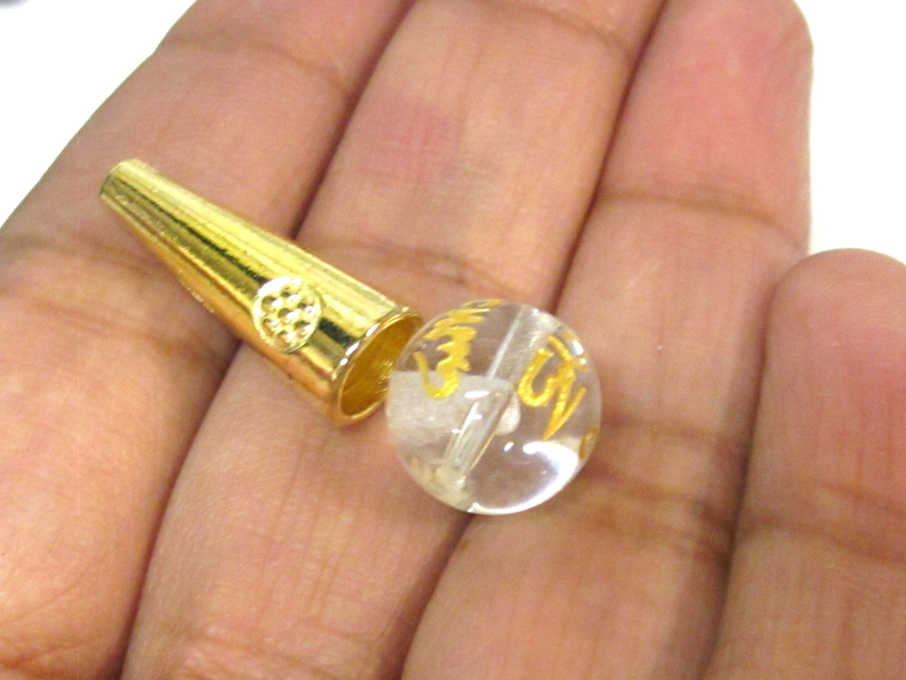 1 Guru Bead set - 12 mm size Tibetan om mantra etched clear white color synthetic quartz 3 hole Guru bead and gold color cone bead - GB068