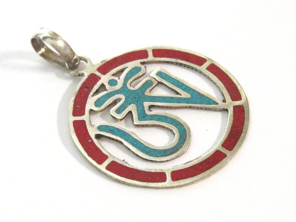 1 pendant - Tibetan Om Round shape with turquoise inlay - PM540A