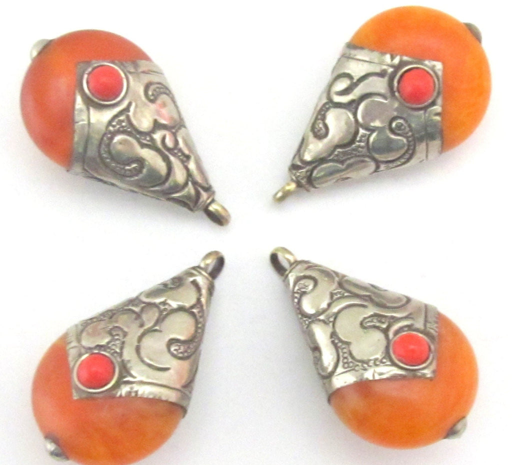 Reversible Teardrop shape Tibetan silver capped copal resin pendant - 1 pendant - PM182